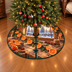 Orange Garland Winter Workbench Tree Skirt. Flat printed dried-orange garland, spices and winter-window workbench.