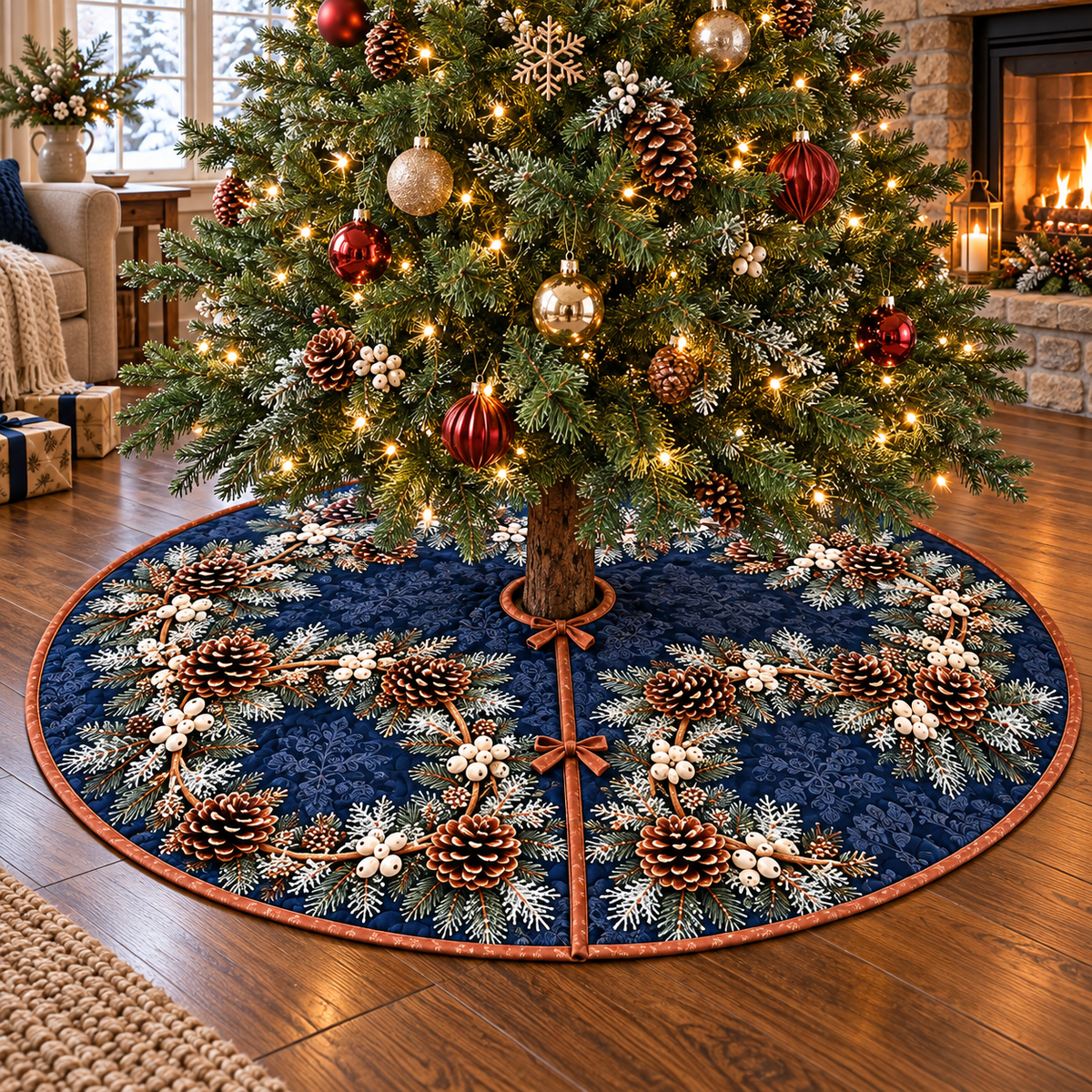 Pinecone Snowberry Linked Wreath Tree Skirt. Flat printed depth on round bound skirt with center opening, radial slit and ties.