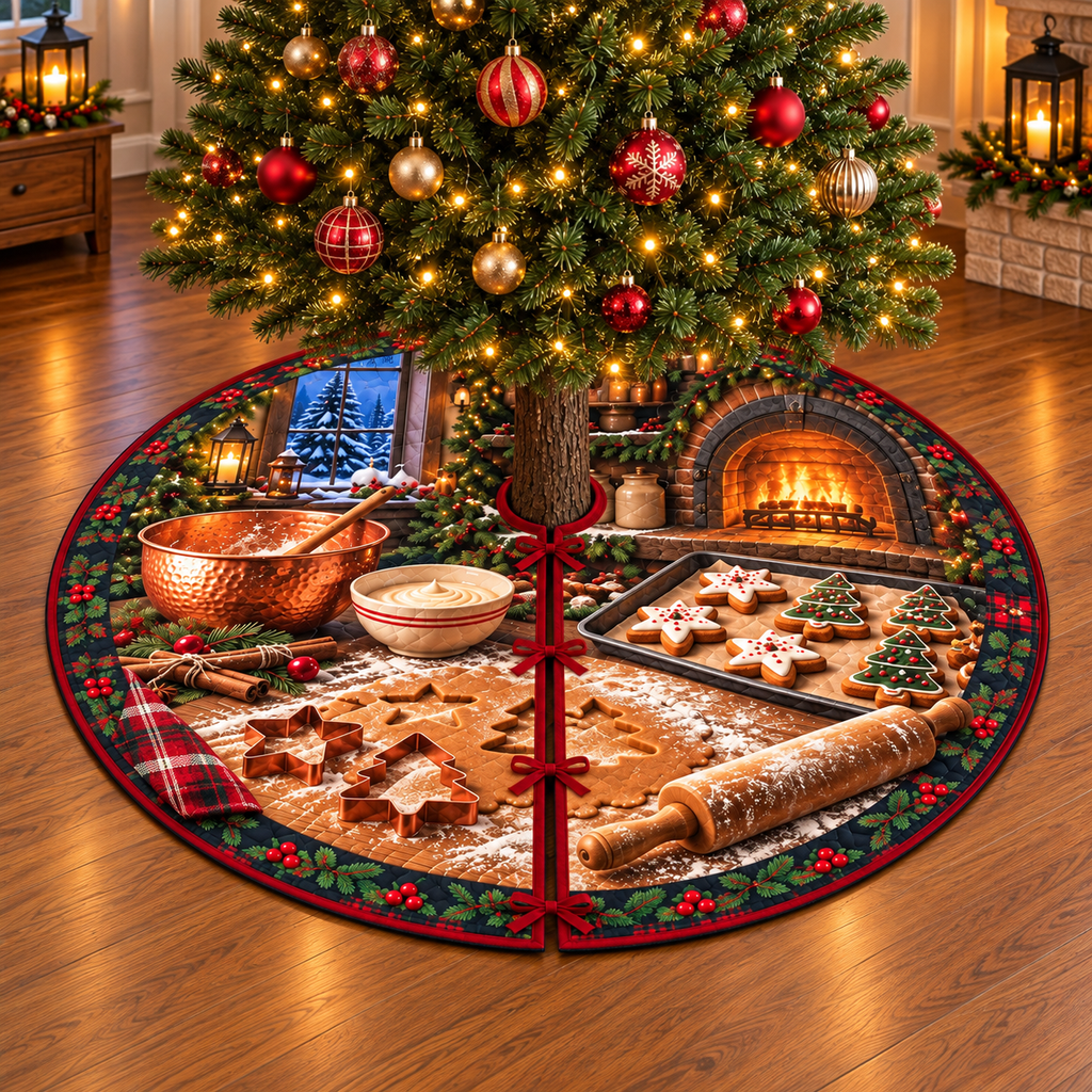 Copper Bowl Christmas Cookie Baking Tree Skirt. Flat printed copper bowl and Christmas cookie workbench on a round skirt with center hole, radial slit and ties.