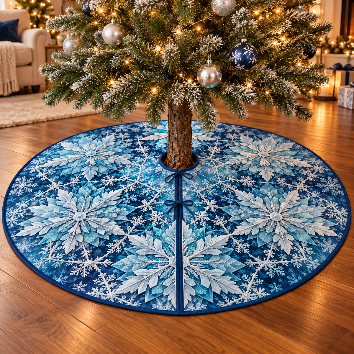 Crystal Frost Lattice Tree Skirt. Flat printed optical depth; furnishings not included.