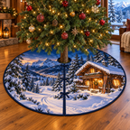 Alpine Ski Chalet Trail Tree Skirt. Flat printed alpine chalet and snowy trail on a round bound skirt with center opening and radial slit.