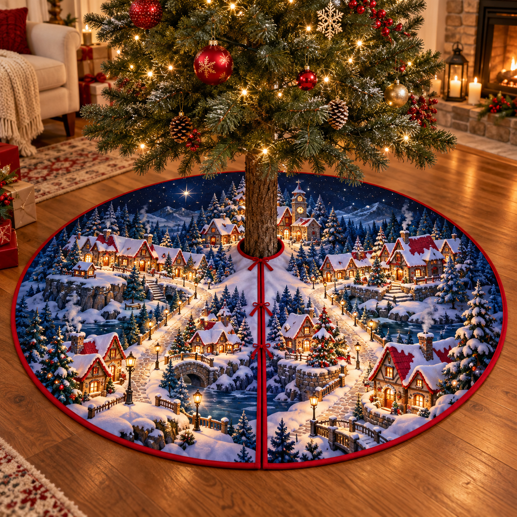 Winter Starlight Village Tree Skirt. Flat printed optical depth; room styling not included.