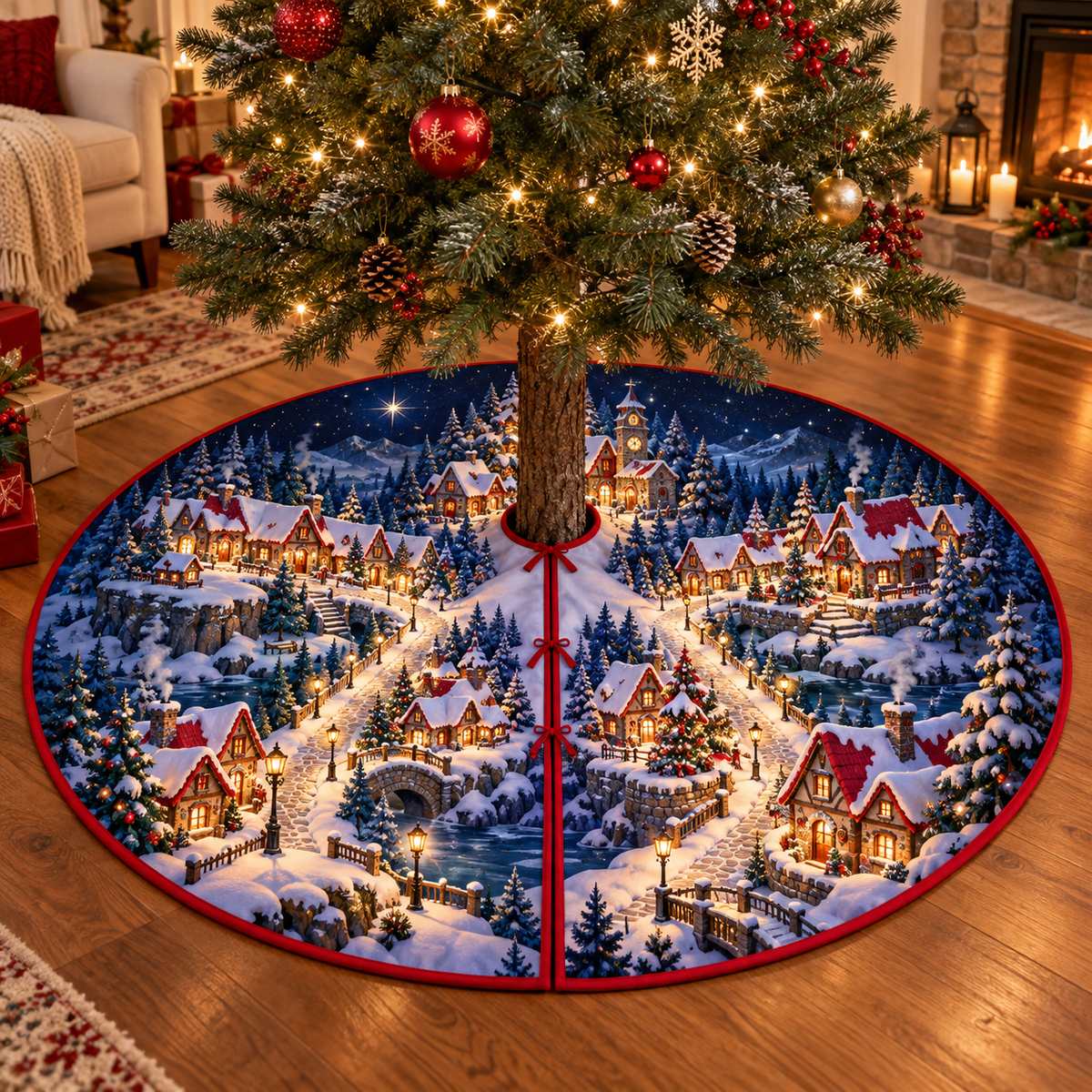 Winter Starlight Village Tree Skirt. Flat printed optical depth; room styling not included.