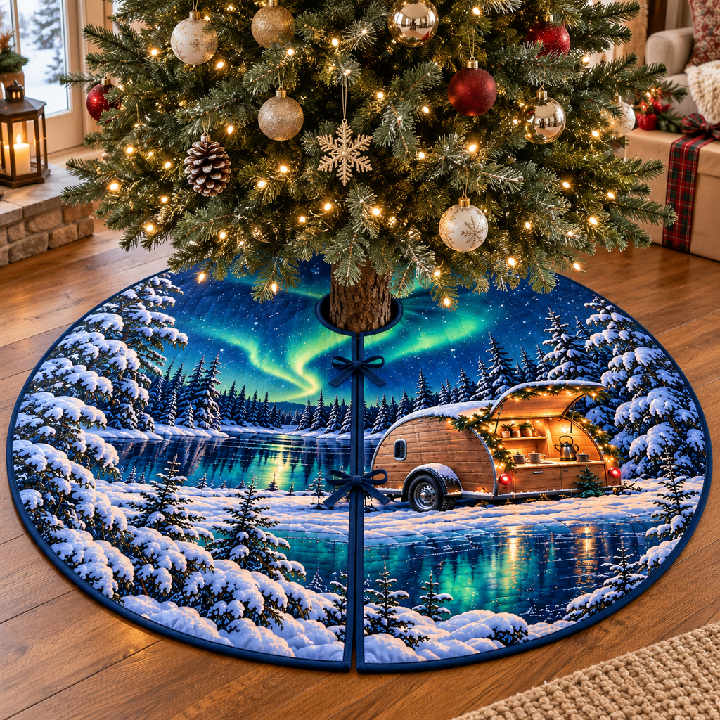 Aurora Teardrop Christmas Camper Tree Skirt. Flat printed depth on round bound skirt with center opening, radial slit and ties.