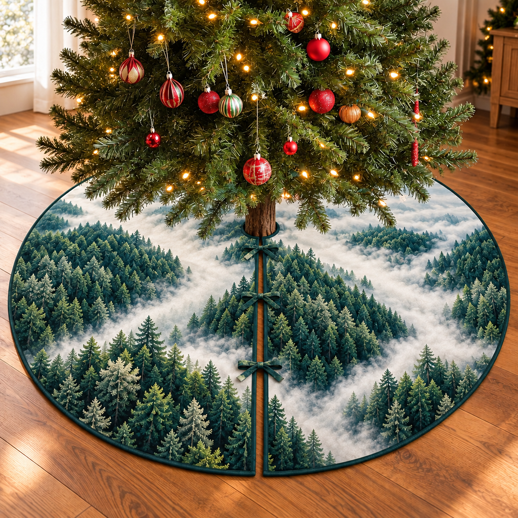 Evergreen Mist Canopy Tree Skirt. Flat printed optical depth; room styling not included.
