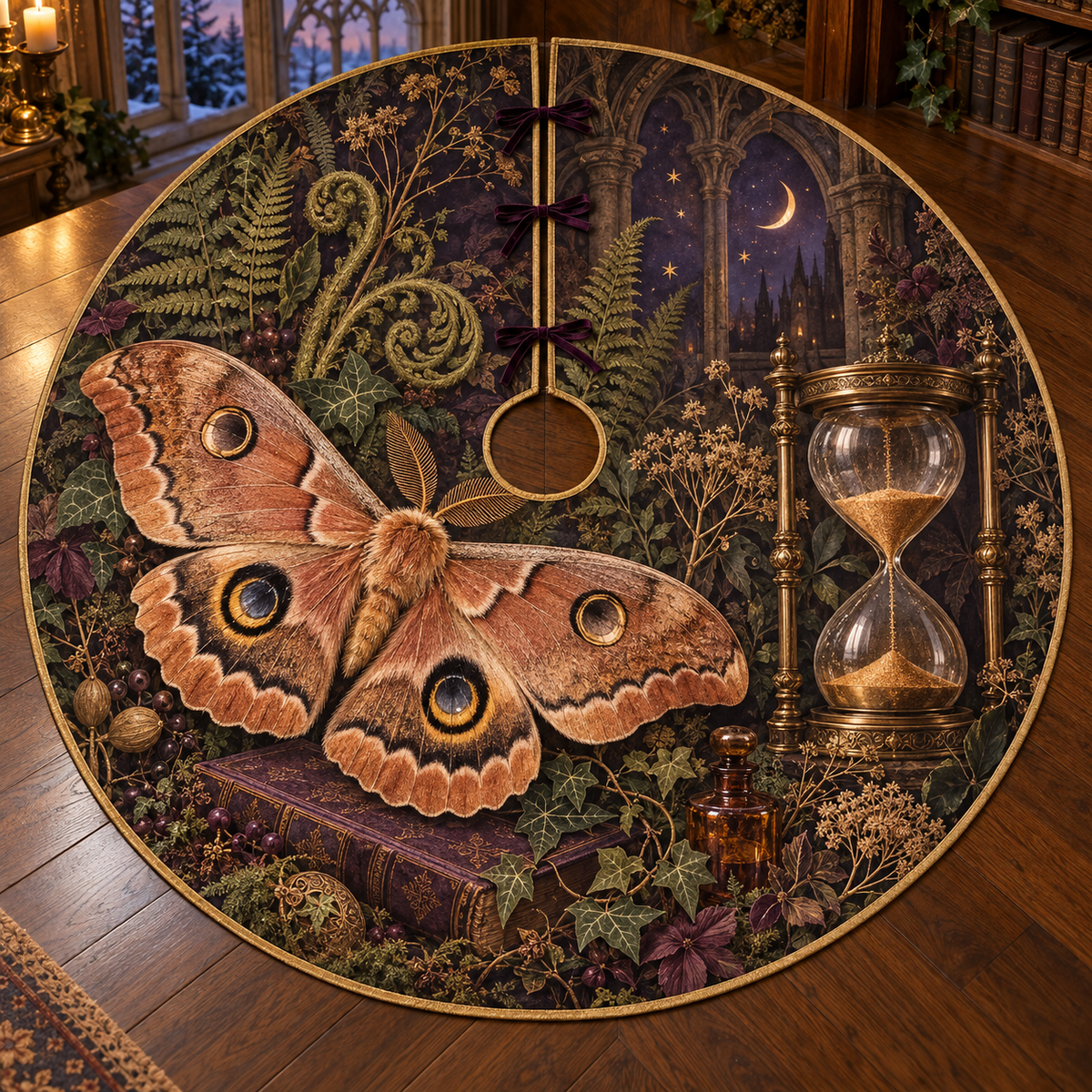 Copper tan eyespotted moth beside brass hourglass and gothic botanicals, entirely flat printed on a thin gold-bound circular tree skirt.