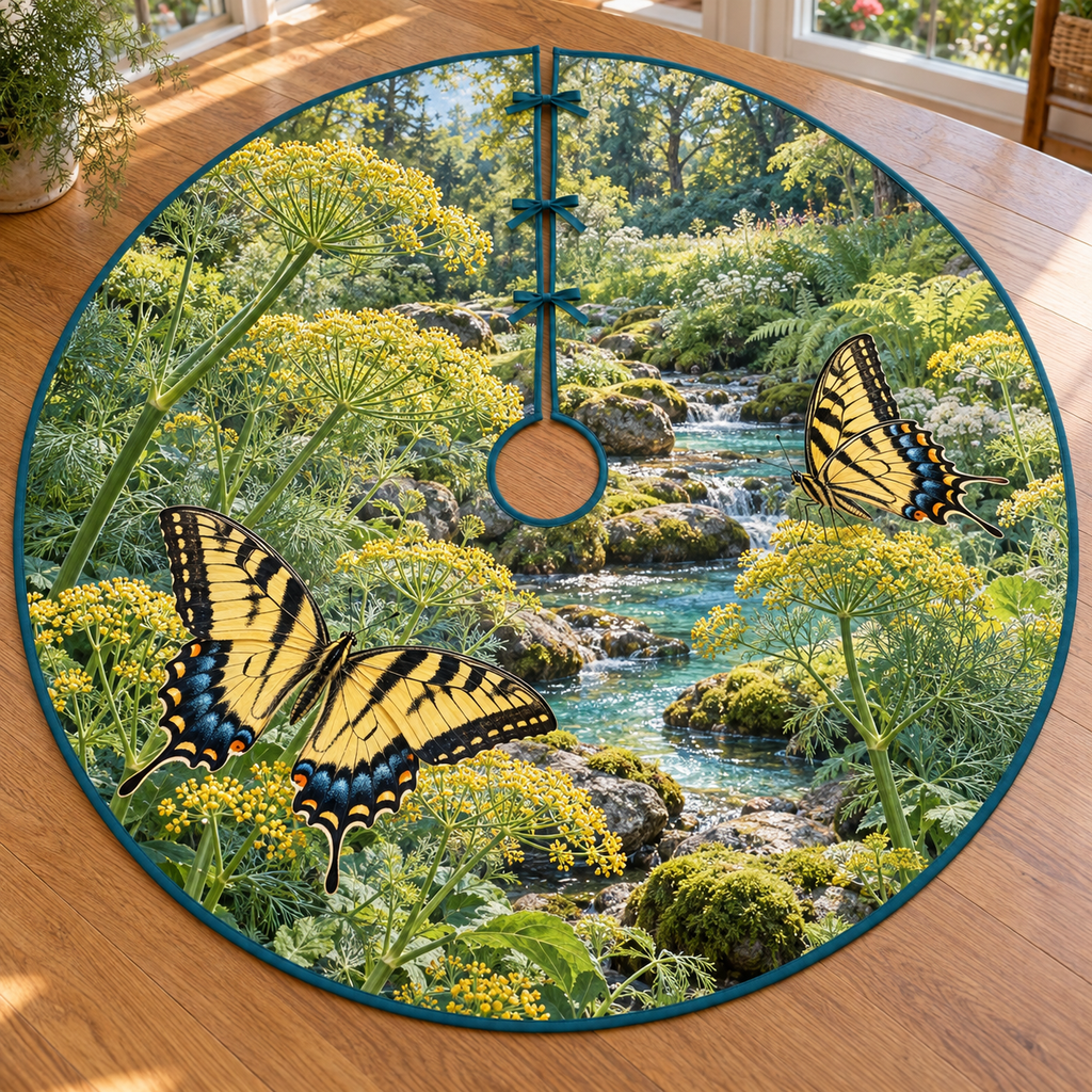 Two yellow black swallowtail butterflies with fennel umbels and winding turquoise creek, entirely flat printed on a thin teal-bound circular tree skirt.
