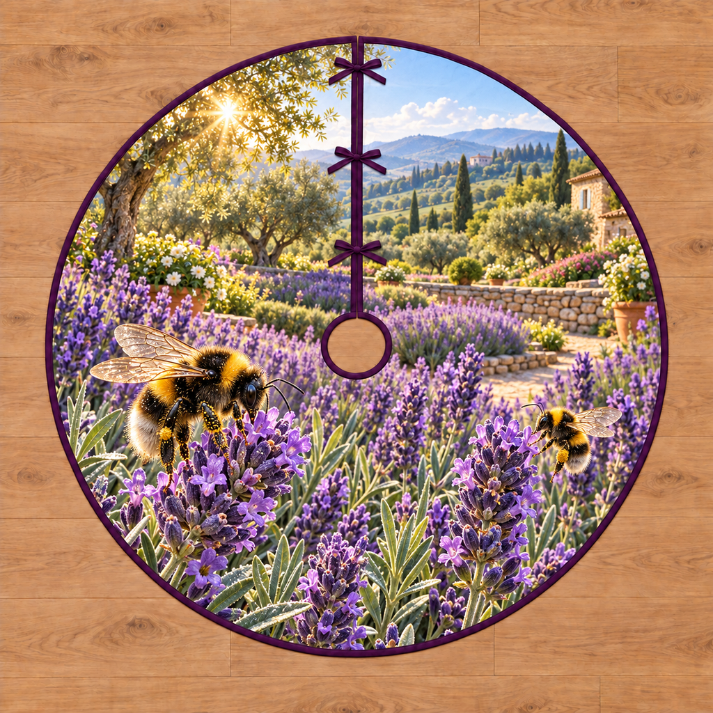 Bumblebee Lavender Pollination Garden Tree Skirt. Two bumblebees visiting purple lavender, silvery foliage, dry-stone garden wall and olive grove. Thin flat bound circle with center opening.