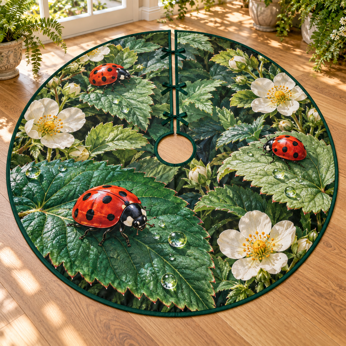 Three red spotted ladybugs on layered dewy green leaves and ivory blossoms, flat printed optical depth on a thin dark-green-bound circular tree skirt.