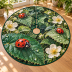 Three red spotted ladybugs on layered dewy green leaves and ivory blossoms, flat printed optical depth on a thin dark-green-bound circular tree skirt.
