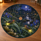 Two fireflies resting on dewy leaves in a moonlit iris and fern garden, flat printed on a thin teal-bound circular tree skirt.