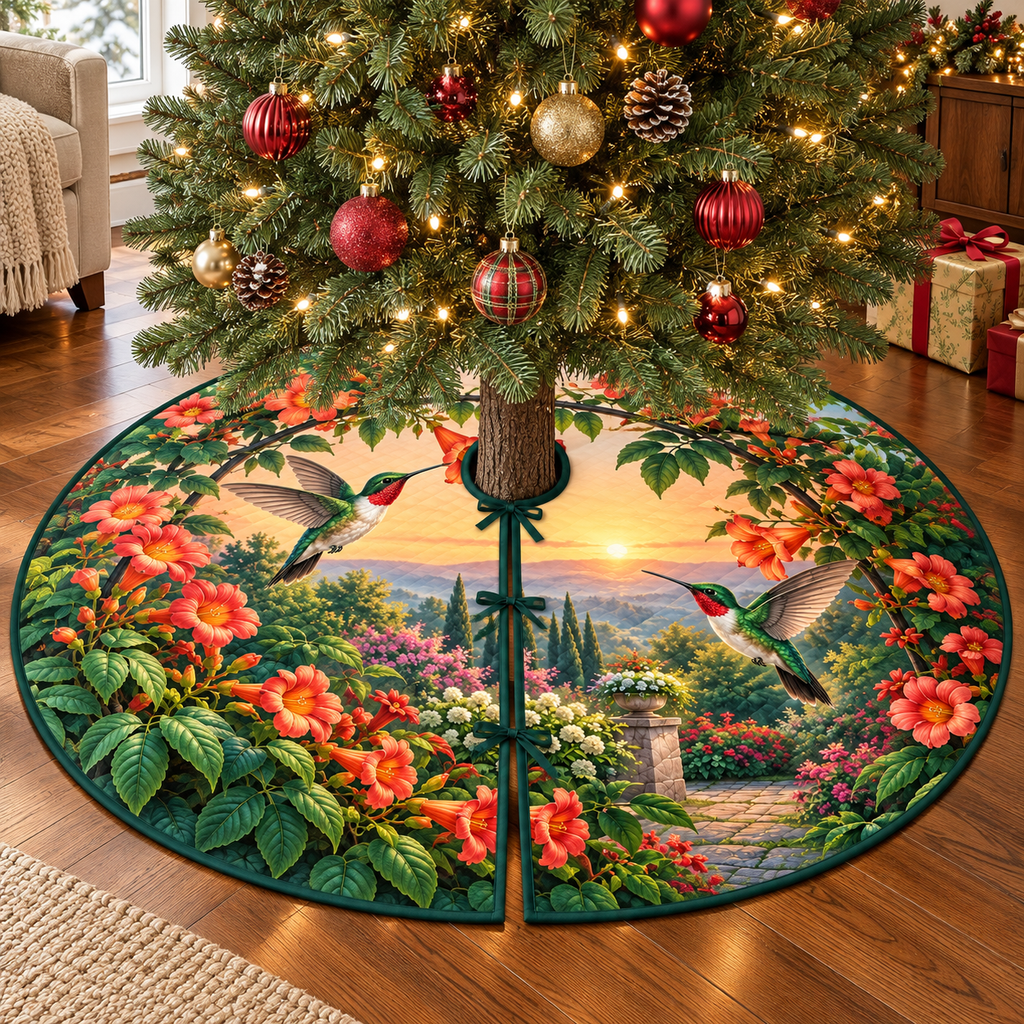 Hummingbird Trumpet Arch Tree Skirt. Flat printed artwork on a round bound skirt with opening, radial slit and ties.