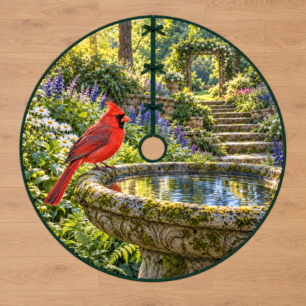 Cardinal Birdbath Garden Tree Skirt. Flat printed red cardinal on mossy stone birdbath above rippling water and layered garden steps.