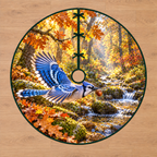 Blue Jay Acorn Flight Tree Skirt with flat printed flying blue jay carrying an acorn over layered autumn oak woodland brook.