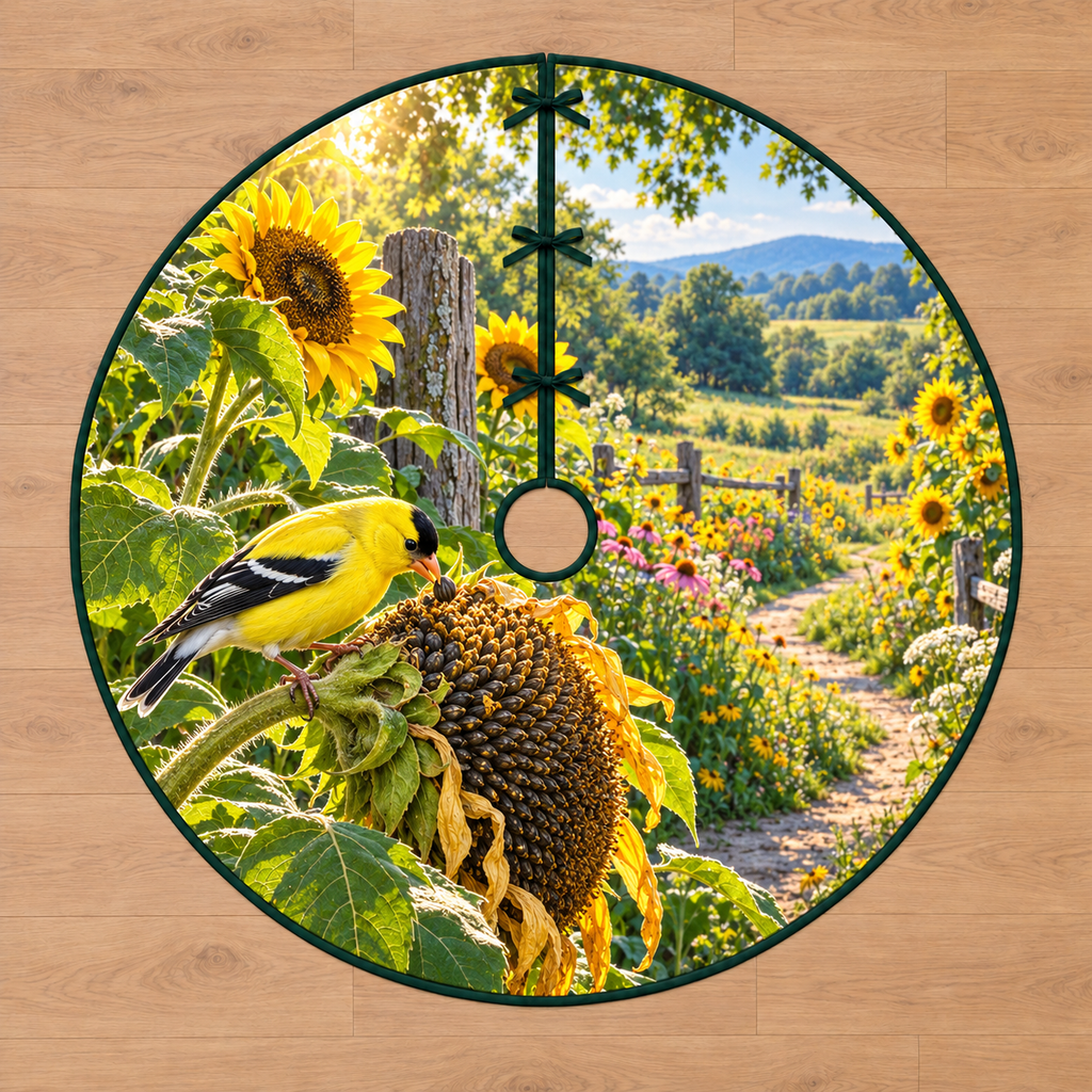 Goldfinch Sunflower Meadow Tree Skirt. Flat printed goldfinch feeding at sunflower seeds among curled petals, leaves, fence and meadow path.