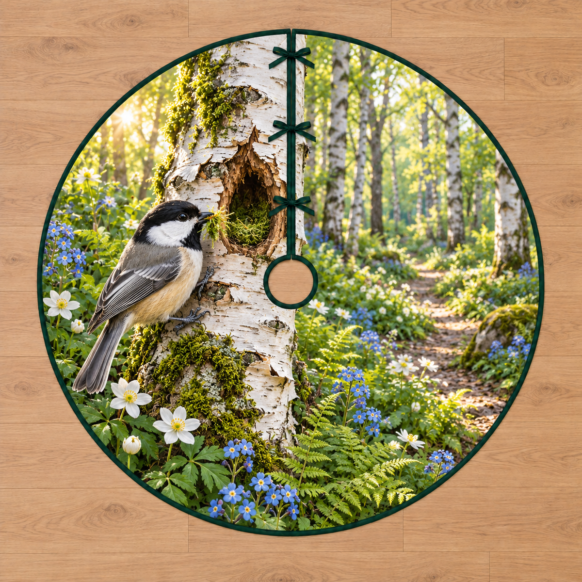 Chickadee Birch Nest Tree Skirt. Flat printed black-capped chickadee carrying moss beside a birch cavity, curled bark, ferns and woodland path.