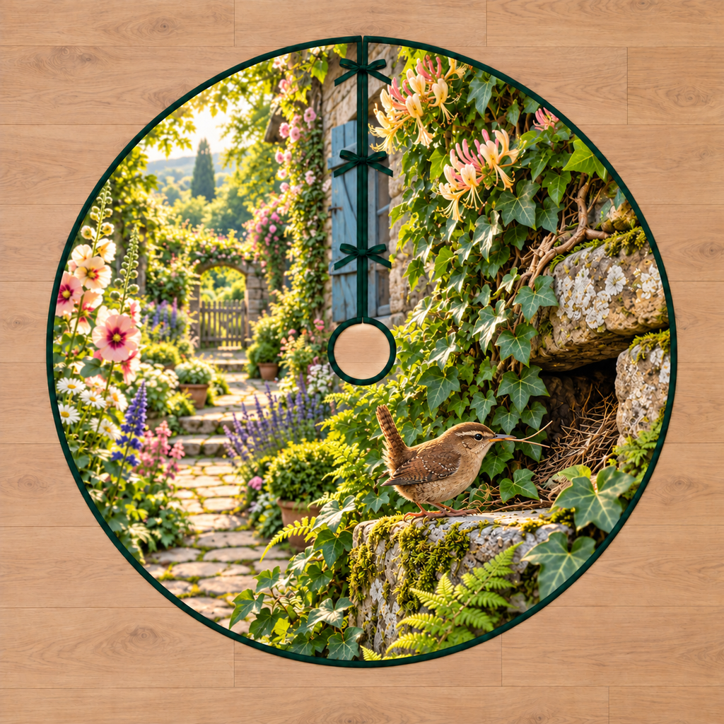 Wren Cottage Nesting Twig Tree Skirt with flat printed brown wren carrying a twig beside ivy-covered stone nest crevice and layered cottage garden.