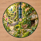 Wren Cottage Nesting Twig Tree Skirt with flat printed brown wren carrying a twig beside ivy-covered stone nest crevice and layered cottage garden.