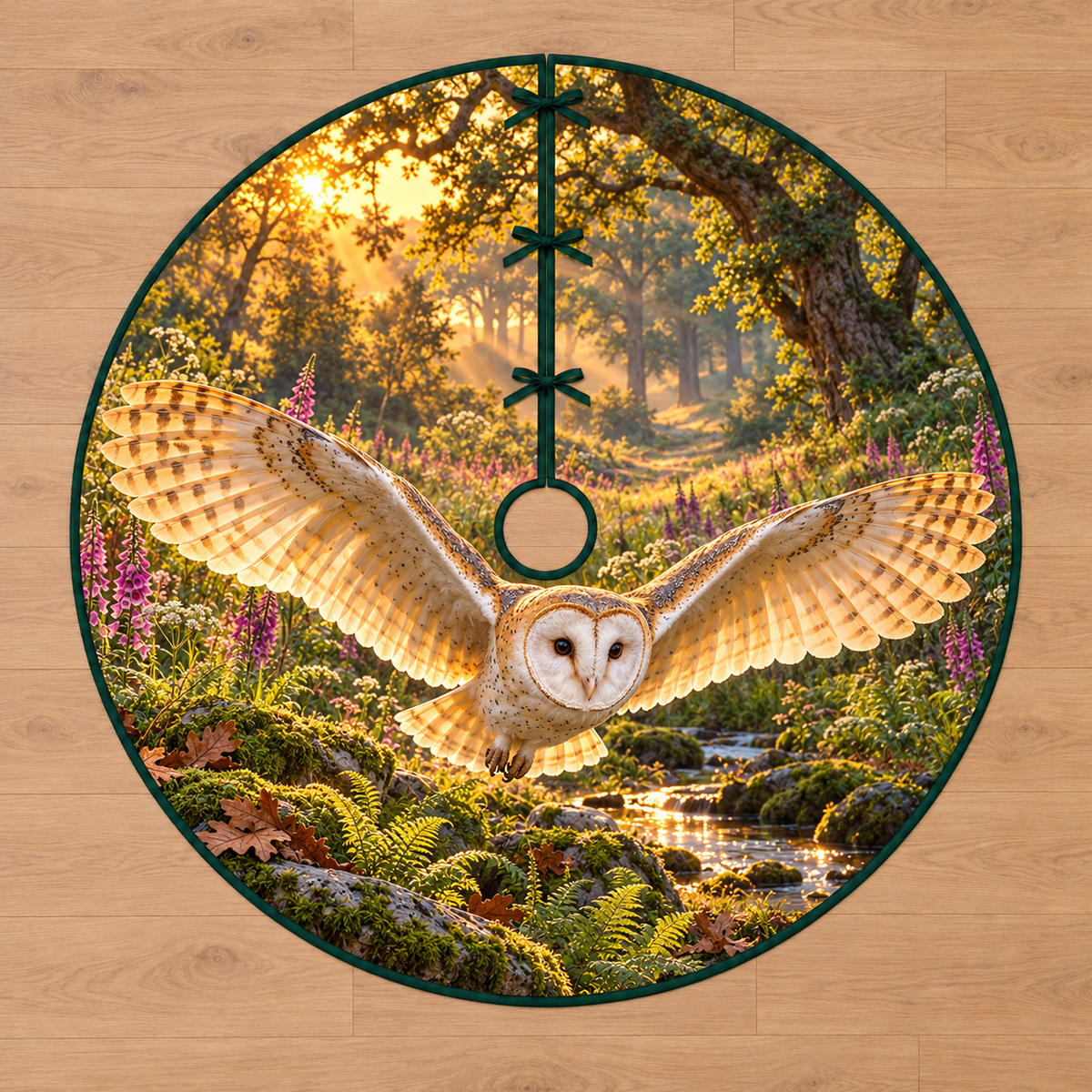 Barn Owl Woodland Glide Tree Skirt with flat printed gliding barn owl and layered woodland meadow brook.