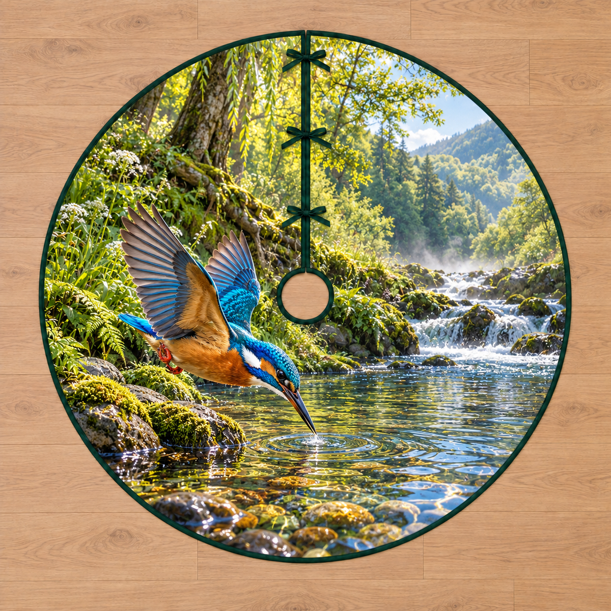 Kingfisher River Dive Tree Skirt. Flat printed blue-and-orange kingfisher diving over clear woodland water with mossy ledges, ferns and river depth.