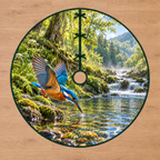 Kingfisher River Dive Tree Skirt. Flat printed blue-and-orange kingfisher diving over clear woodland water with mossy ledges, ferns and river depth.