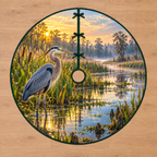 Blue Heron Reed Marsh Tree Skirt. Flat printed full blue-gray heron on two legs in reflective marsh water with reeds and misty channel.