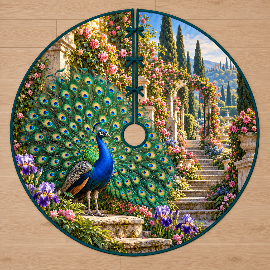Peacock Rose Garden Tree Skirt. Flat printed complete peacock with attached spread eye-spotted fan, roses, irises and layered garden steps.