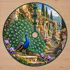 Peacock Rose Garden Tree Skirt. Flat printed complete peacock with attached spread eye-spotted fan, roses, irises and layered garden steps.