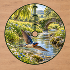 Swallow Meadow Stream Tree Skirt. Flat printed barn swallow with pointed wings and forked tail above a clear stream, flowers and receding stone bridge.