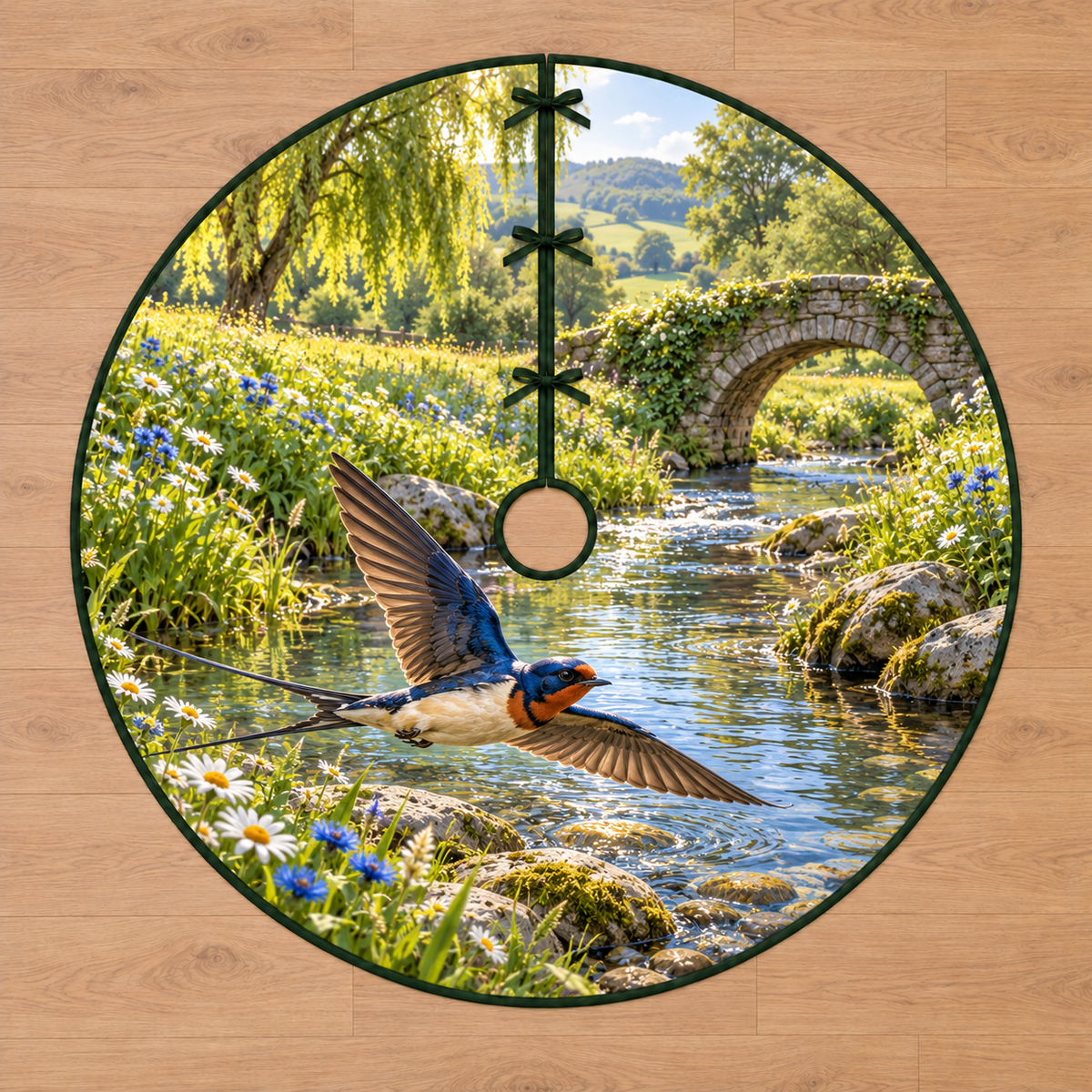 Swallow Meadow Stream Tree Skirt. Flat printed barn swallow with pointed wings and forked tail above a clear stream, flowers and receding stone bridge.