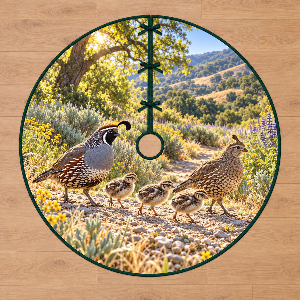 Quail Family Pebble Path Tree Skirt with flat printed two adult quail and three chicks crossing a layered sunlit pebble path.