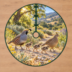 Quail Family Pebble Path Tree Skirt with flat printed two adult quail and three chicks crossing a layered sunlit pebble path.