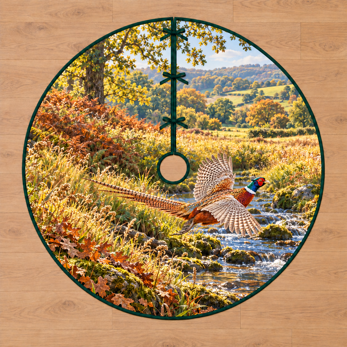 Pheasant Meadow Flight Tree Skirt with flat printed launching ring-necked pheasant and layered meadow brook.