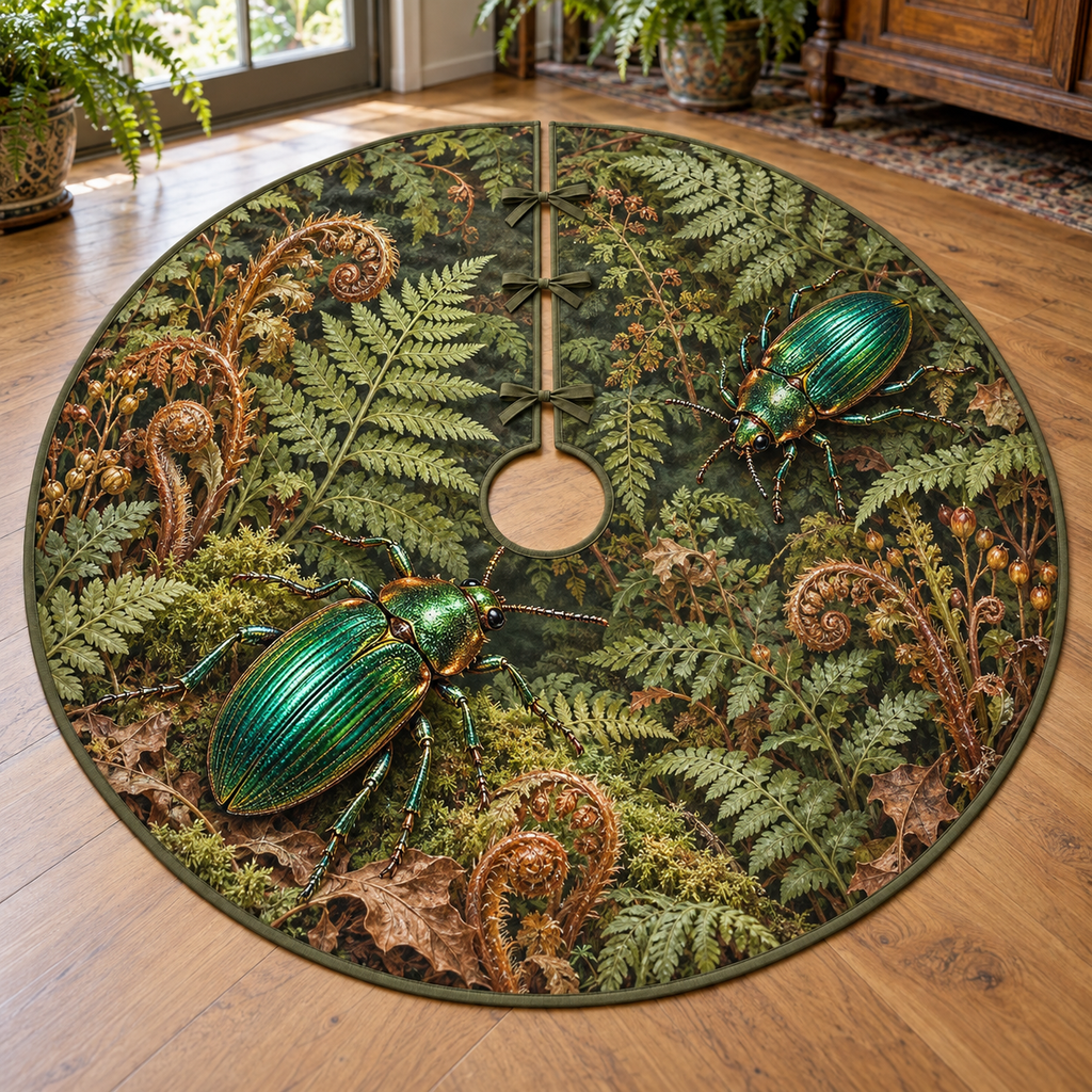Two emerald jewel beetles among ferns, fiddleheads and moss, entirely flat printed on a thin bronze-green-bound circular tree skirt.