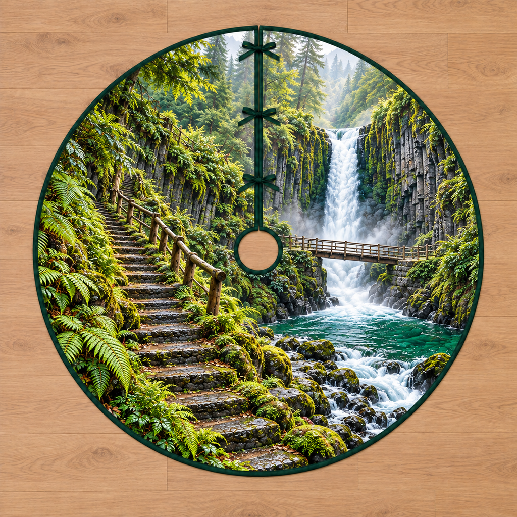 Basalt Waterfall Stair Trail Tree Skirt. Flat printed white falls, jade pool, timber bridge and fern-lined stair path on thin circular bound fabric.