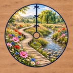Wildflower Brook Boardwalk Tree Skirt. Flat printed plank boardwalk beside transparent brook through cosmos, daisies, cornflowers and poppies; thin bound circle with center opening.