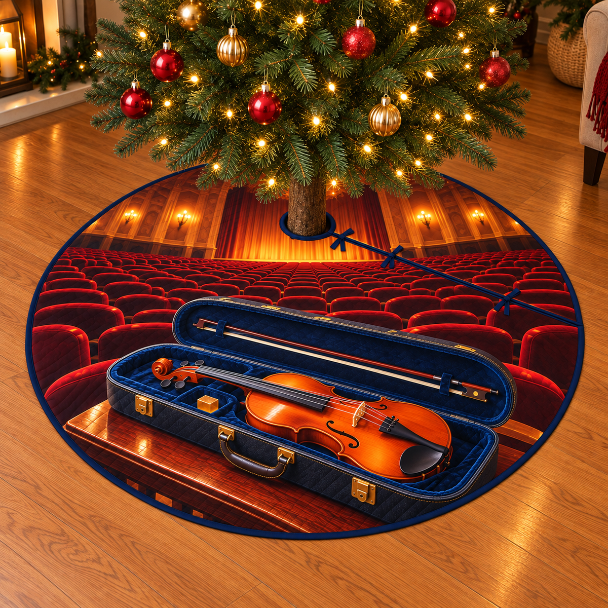 Amber Violin Concert Hall Tree Skirt. Flat printed amber violin and velvet case before receding empty concert seats; thin circular skirt with center hole and radial tie slit.