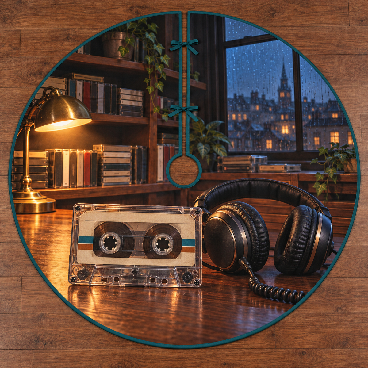 Cassette and Headphones Twilight Tree Skirt with flat printed two-reel cassette, headphones and layered listening room; centered opening and straight radial slit.