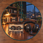 Cassette and Headphones Twilight Tree Skirt with flat printed two-reel cassette, headphones and layered listening room; centered opening and straight radial slit.