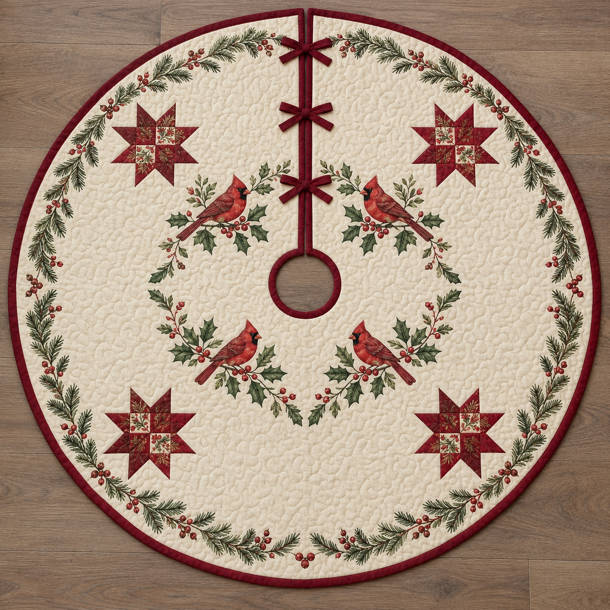 One ivory quilted circular Christmas tree skirt with four printed cardinals, patchwork stars, burgundy binding, center hole and three ties