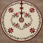 One ivory quilted circular Christmas tree skirt with four printed cardinals, patchwork stars, burgundy binding, center hole and three ties