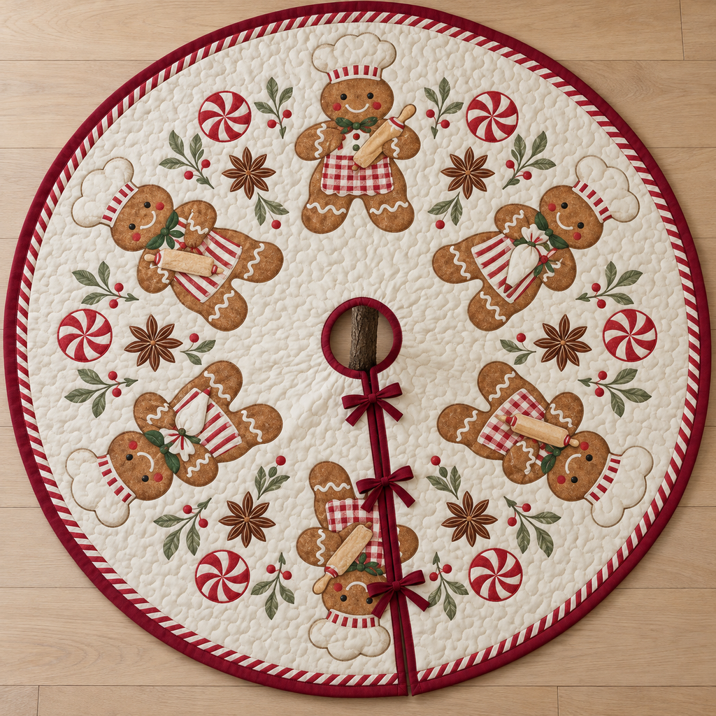 One ivory quilted Christmas tree skirt with six printed gingerbread bakers, peppermint disks, burgundy binding, center opening and three ties