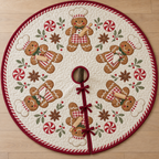 One ivory quilted Christmas tree skirt with six printed gingerbread bakers, peppermint disks, burgundy binding, center opening and three ties