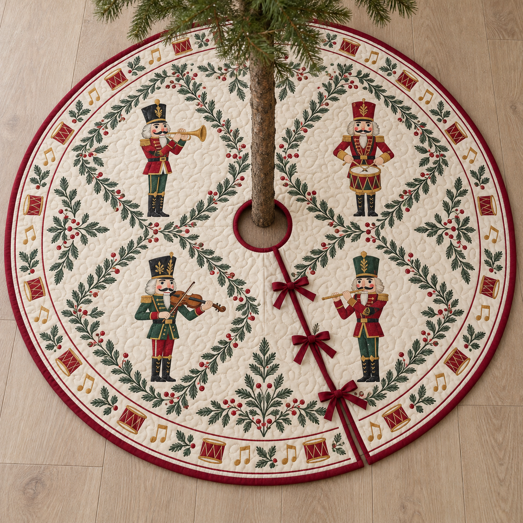 One ivory quilted Christmas tree skirt with four printed nutcracker musicians, leafy panels, cranberry binding, center opening and three ties
