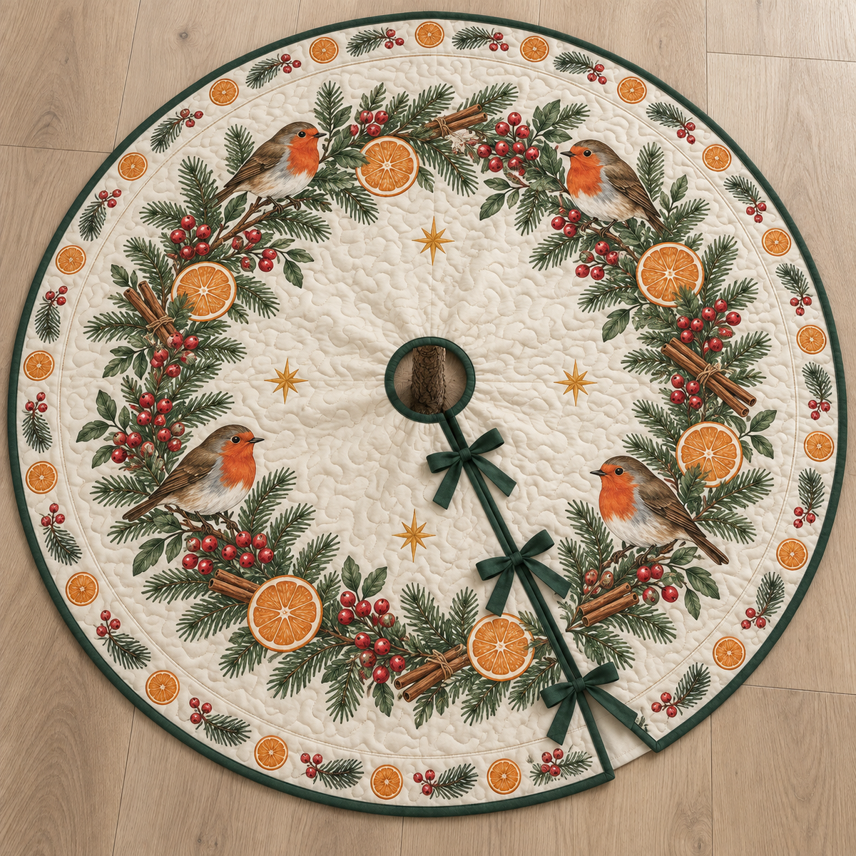 One ivory quilted Christmas tree skirt with four printed robins, orange evergreen garland, green binding, center opening and three ties