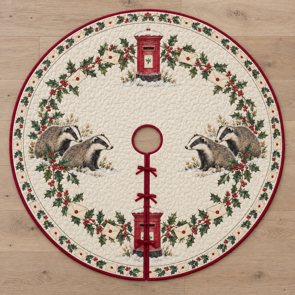 One ivory quilted Christmas tree skirt with four printed badgers, holly garlands and red letterboxes, cranberry binding, central opening and three ties