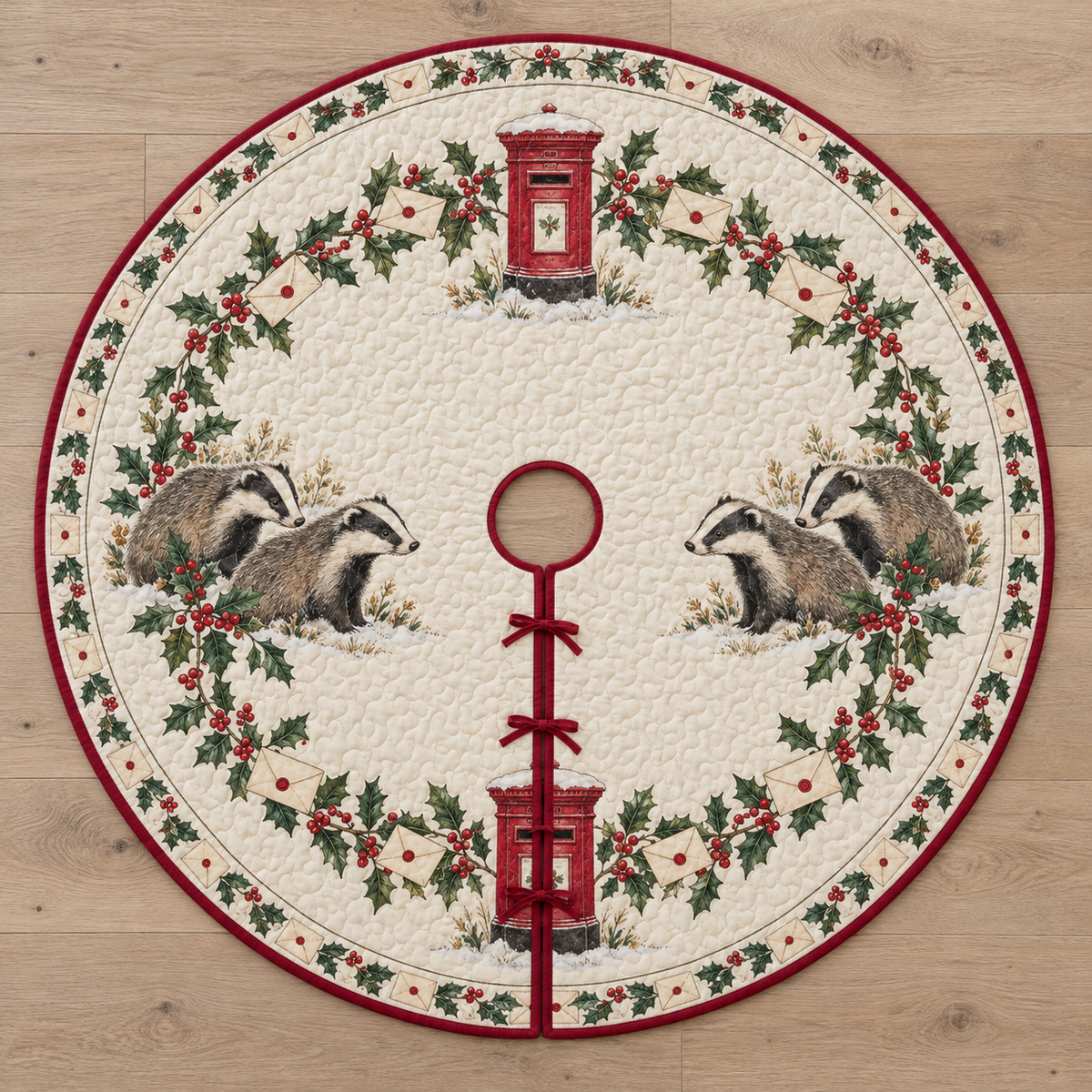 One ivory quilted Christmas tree skirt with four printed badgers, holly garlands and red letterboxes, cranberry binding, central opening and three ties