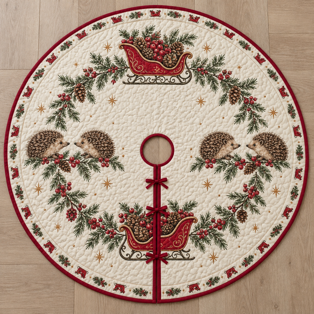 One ivory quilted tree skirt with four printed hedgehogs, cranberry sleighs and fir garlands, cranberry binding, central opening and three ties