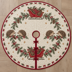 One ivory quilted tree skirt with four printed hedgehogs, cranberry sleighs and fir garlands, cranberry binding, central opening and three ties