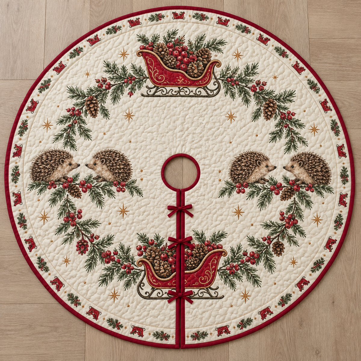 One ivory quilted tree skirt with four printed hedgehogs, cranberry sleighs and fir garlands, cranberry binding, central opening and three ties